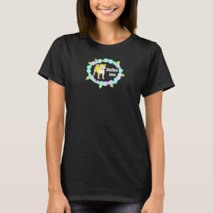 Shiba Inu Dog With Mint Green Purple Flowers Pixel T-Shirt