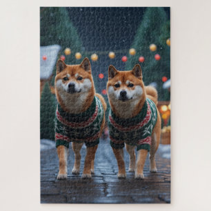 Shiba Inu Dogs Christmas Snow Holiday Jigsaw Puzzle