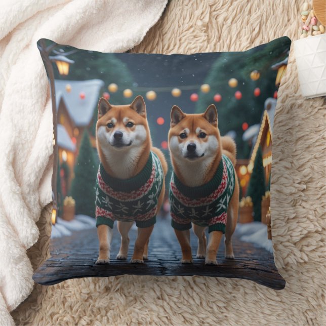 Shiba Inu Dogs Christmas Snow Holiday Throw Pillow (Blanket)