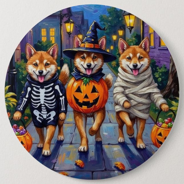 Shiba Inu Dogs in Halloween Costumes Button (Front)