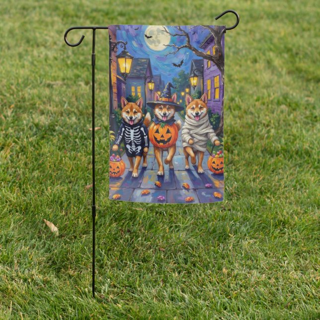 Shiba Inu Dogs in Halloween Costumes Garden Flag (In SItu)