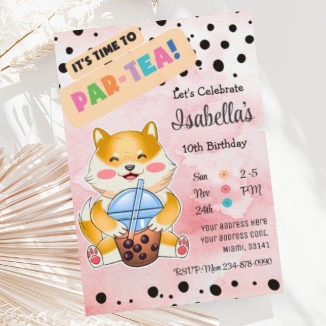 Shiba Inu Drinking Boba Tea Birthday Invitation (Creator Uploaded)