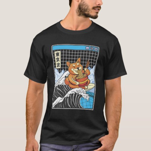 Shiba Inu Eating Ramen Surfing Kanagawa Wave Japan T_Shirt