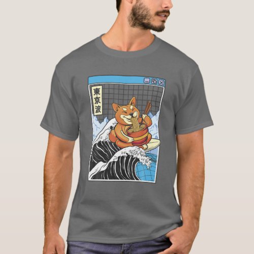 Shiba Inu Eating Ramen Surfing Kanagawa Wave Japan T_Shirt