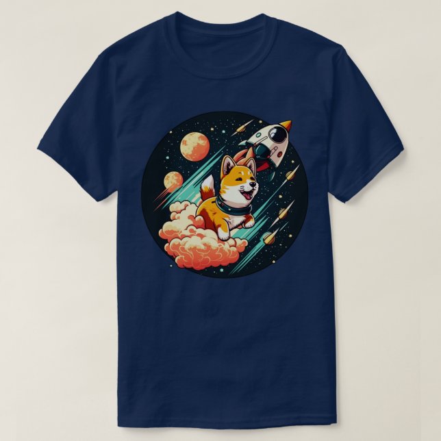shiba inu flying into space with a rocket2 T-Shirt (Design Front)