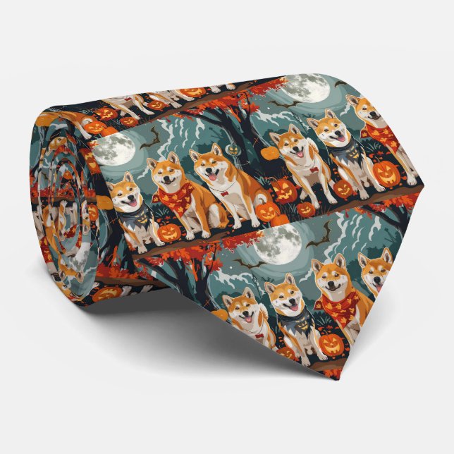 Shiba Inu Halloween Spooky Neck Tie (Rolled)