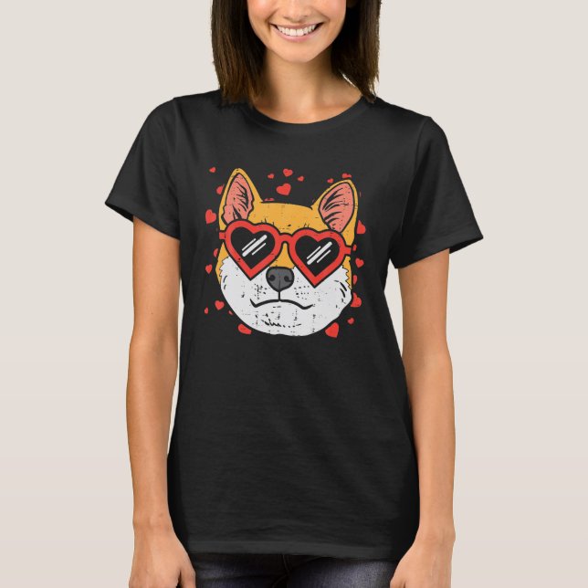 Shiba Inu Heart Glasses Valentines Day Japanese T-Shirt (Front)