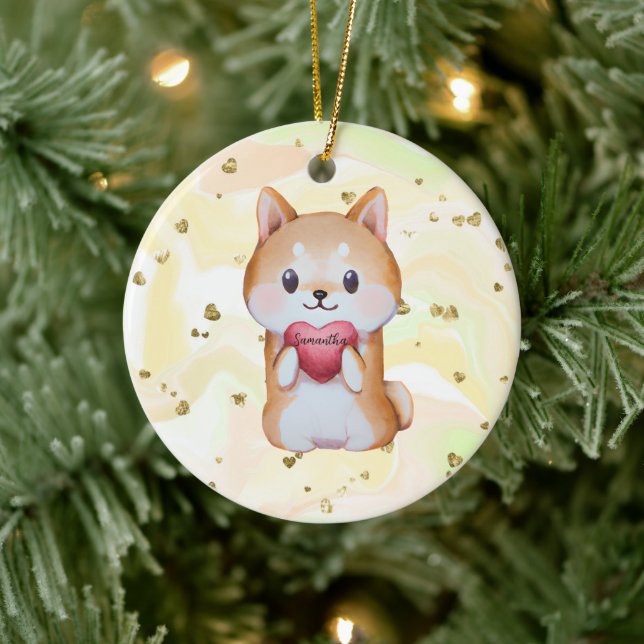 Shiba Inu Holding A Heart Ceramic Ornament (Tree)