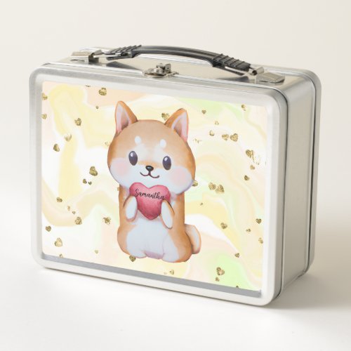 Shiba Inu Holding A Heart Metal Lunch Box
