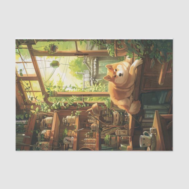 Shiba Inu in a Tea House Decoupage Tissue Paper (Front)
