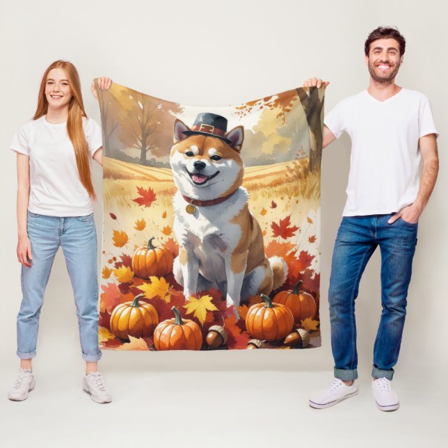 Shiba Inu In Autumn Leaves Thanksgiving Art  Fleece Blanket (In Situ)
