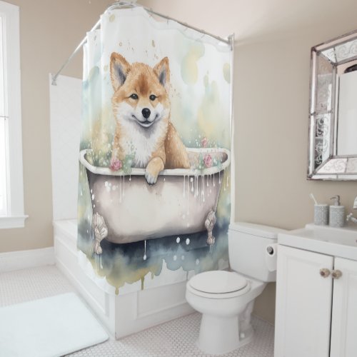 Shiba Inu In Bathtub Watercolor Dog Art  Shower Curtain