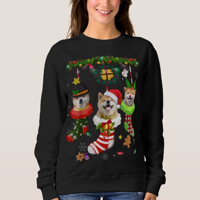 Shiba Inu In Socks Christmas Santa Hat Xmas Lights Sweatshirt (Front)