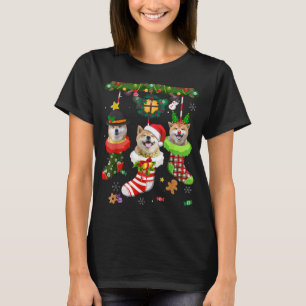 Shiba Inu In Socks Christmas Santa Hat Xmas Lights T-Shirt
