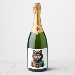 Shiba Inu in Streetwear Hoodie Sparkling Wine Label
