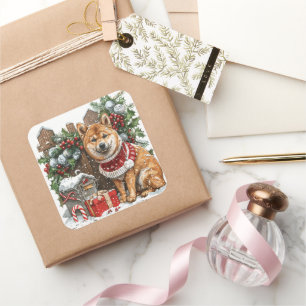 Shiba Inu in Sweater by Snow-Covered Mailbox Square Sticker