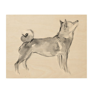 Shiba Inu ink wash painting 1 Wood Wall Art 14x11