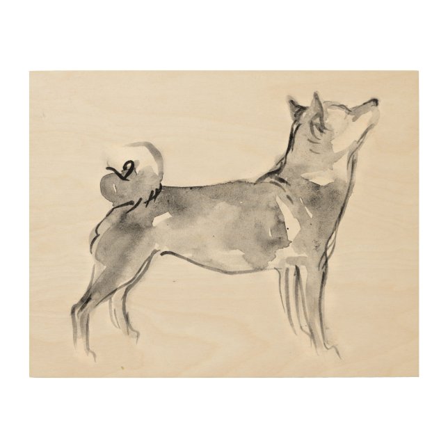 Shiba Inu ink wash painting 1 Wood Wall Art 14x11 (Front)