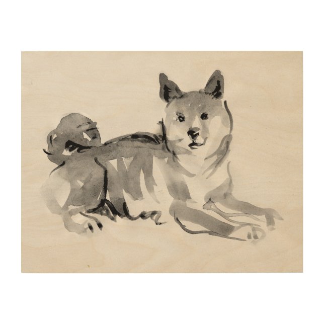 Shiba Inu ink wash painting 2 Wood Wall Art 14x11 (Front)