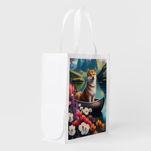 Shiba Inu on a Paddle A Scenic Adventure Grocery Bag