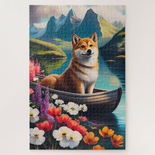 Shiba Inu on a Paddle A Scenic Adventure Jigsaw Puzzle