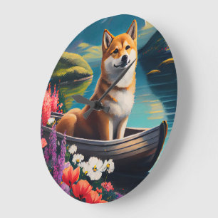 Shiba Inu on a Paddle: A Scenic Adventure Large Clock