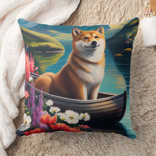 Shiba Inu on a Paddle A Scenic Adventure  Throw Pillow
