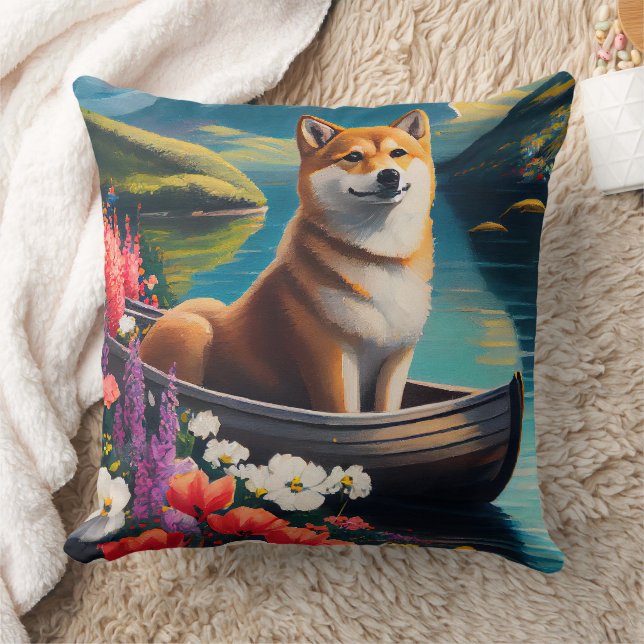 Shiba Inu on a Paddle: A Scenic Adventure  Throw Pillow (Blanket)