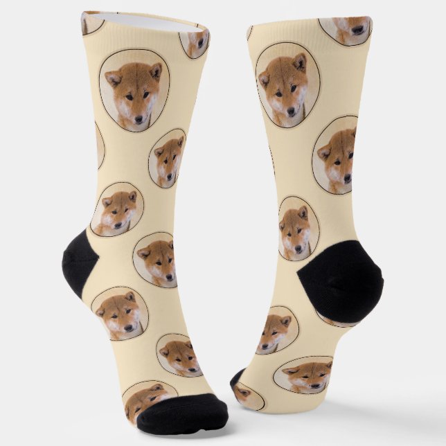 Shiba Inu Painting Red Cute Original Pet Dog Art Socks (Angled)