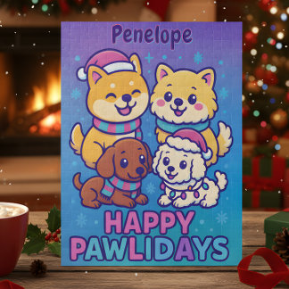 Shiba Inu Poodle Christmas Dogs Blue Purple Puppy Jigsaw Puzzle