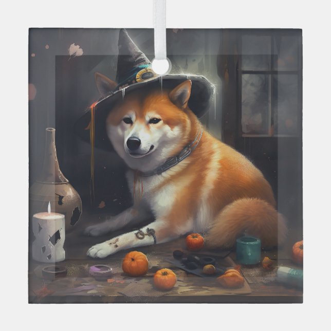 Shiba Inu Pumpkins Halloween Scary Glass Ornament (Front)