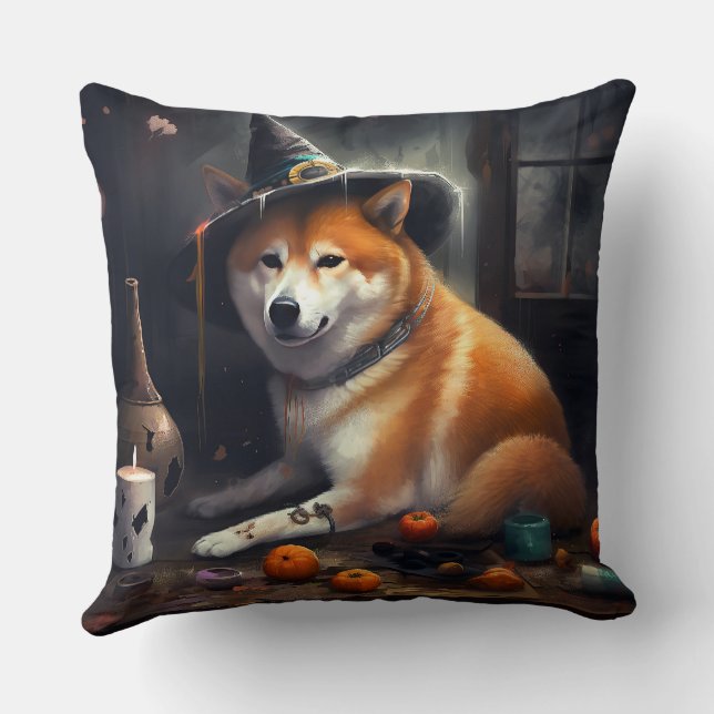 Shiba Inu Pumpkins Halloween Scary Throw Pillow (Back)