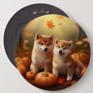 Shiba Inu Puppy Autumn Delight Pumpkin Button