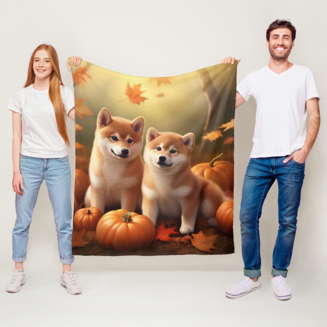 Shiba Inu Puppy Autumn Delight Pumpkin Fleece Blanket (In Situ)