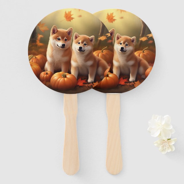 Shiba Inu Puppy Autumn Delight Pumpkin Hand Fan (Front and Back)