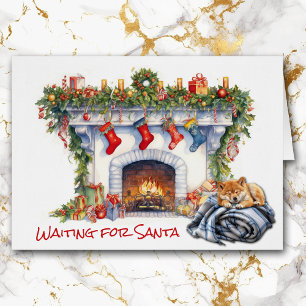 Shiba Inu Puppy Wait for Santa Fireplace Cards