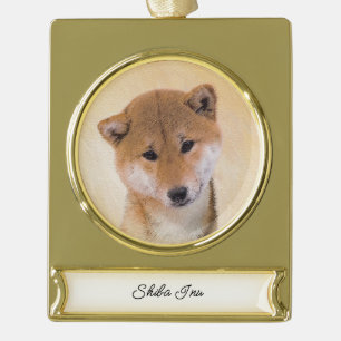 Shiba Inu (Red) Painting - Original Dog Art Silver Gold Plated Banner Ornament