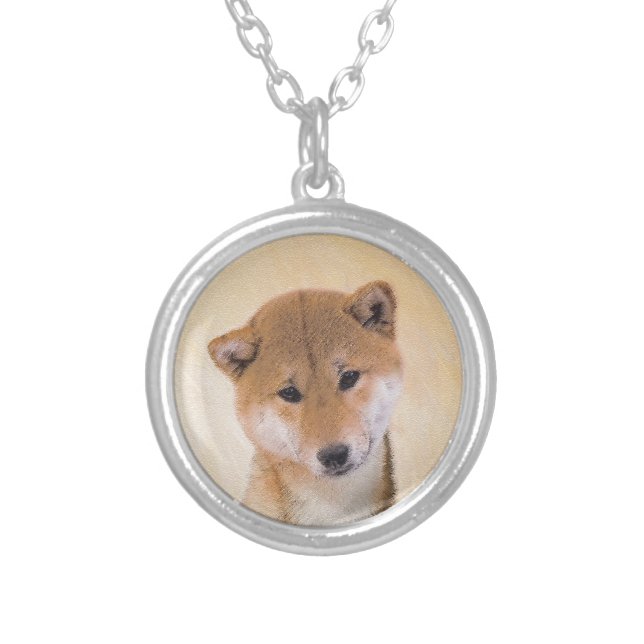 Shiba Inu (Red) Painting - Original Dog Art Silver Plated Necklace (Front)