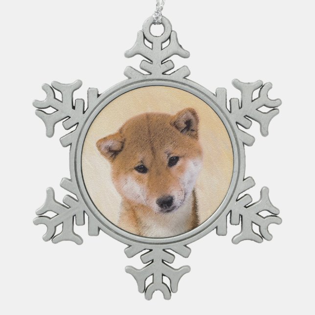 Shiba Inu (Red) Painting - Original Dog Art Snowflake Pewter Christmas Ornament (Front)