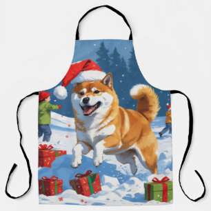 Shiba Inu Running in Snow with Christmas Hat Apron