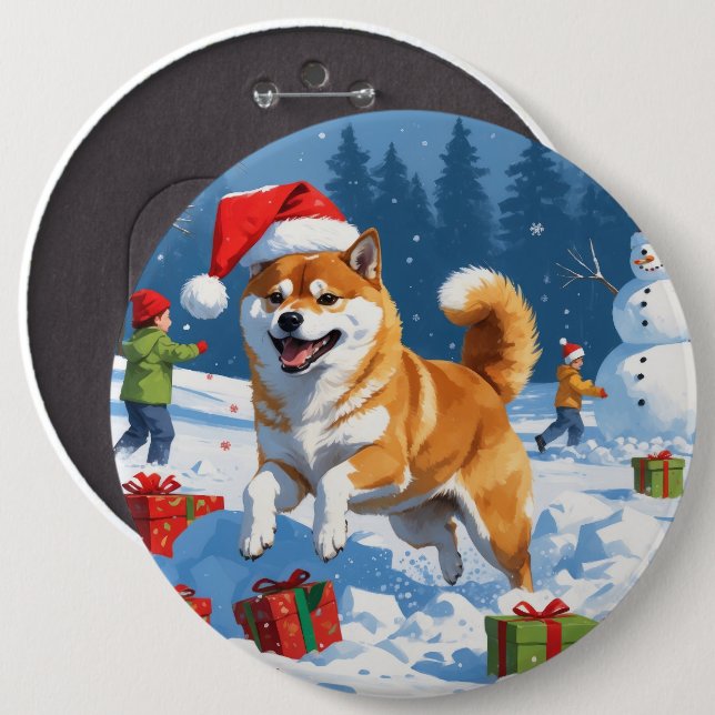 Shiba Inu Running in Snow with Christmas Hat Button (Front & Back)
