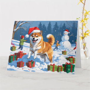 Shiba Inu Running in Snow with Christmas Hat Card