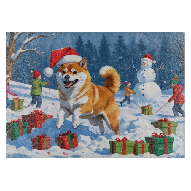 Shiba Inu Running in Snow with Christmas Hat Cutting Board (Front)