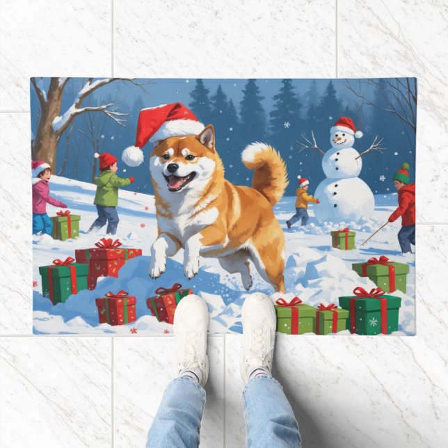 Shiba Inu Running in Snow with Christmas Hat Doormat (Indoor)