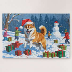 Shiba Inu Running in Snow with Christmas Hat Jigsaw Puzzle