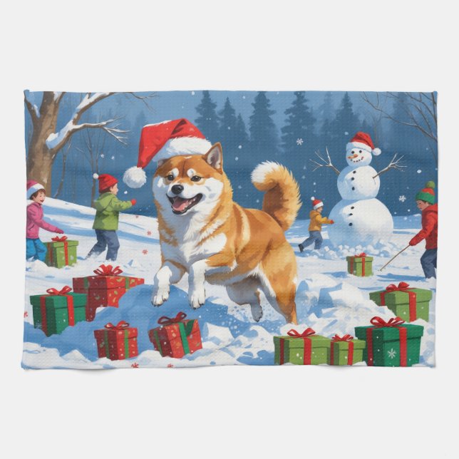 Shiba Inu Running in Snow with Christmas Hat Kitchen Towel (Horizontal)