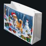 Shiba Inu Running in Snow with Christmas Hat Large Gift Bag<br><div class="desc">A spirited Shiba Inu runs joyfully through the snowy winter scene,  wearing a festive red Christmas hat. This charming design highlights the breed’s foxlike face,  curled tail,  and confident personality while capturing the warmth and joy of the holiday season. A delightful winter moment full of festive cheer.</div>