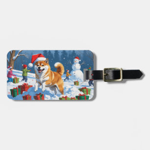 Shiba Inu Running in Snow with Christmas Hat Luggage Tag
