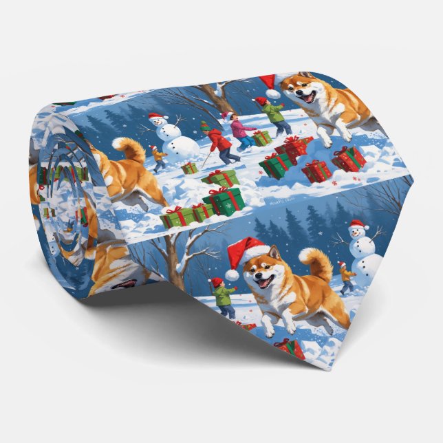 Shiba Inu Running in Snow with Christmas Hat Neck Tie (Rolled)