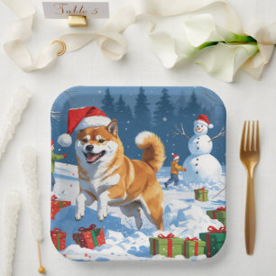 Shiba Inu Running in Snow with Christmas Hat Paper Plates